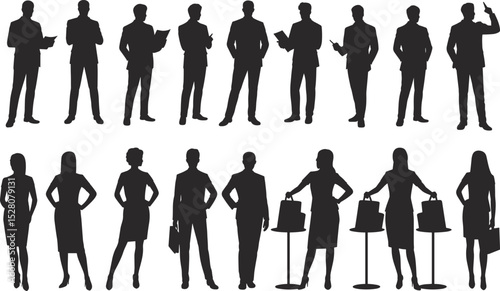 Silhouette Illustration of Business Professionals in Various Poses, Vector Art