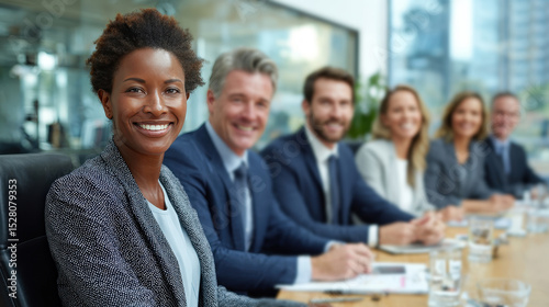 Multi-ethnic group collaborating around modern conference table