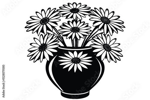 Elegant Black and White Daisy Bouquet in Vase Simple Floral Illustration