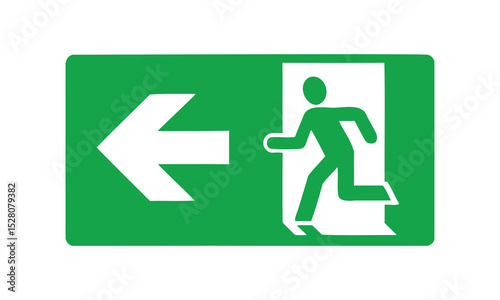 Green Emergency Exit Sign with Running Man and Arrow Pointing Left on White Background for Safety and Evacuation Guidance in Buildings