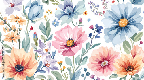 Delicate colorful watercolor flowers on a light background. Pattern flowers.	
