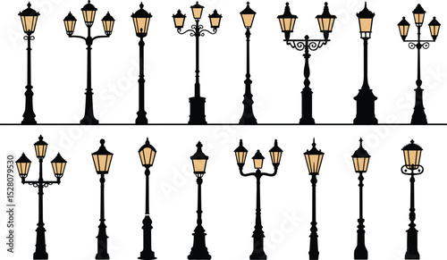 Vintage Street Lamp Icons in Various Styles, Vector Illustration
