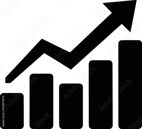 Black and white illustration of a rising bar graph with an upward arrow