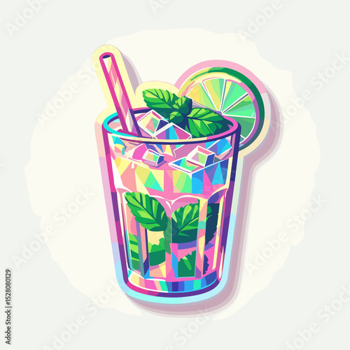 Mojito cocktail with mint, straw and lime slice