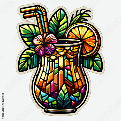 Tropical cocktail with leaves and flowers