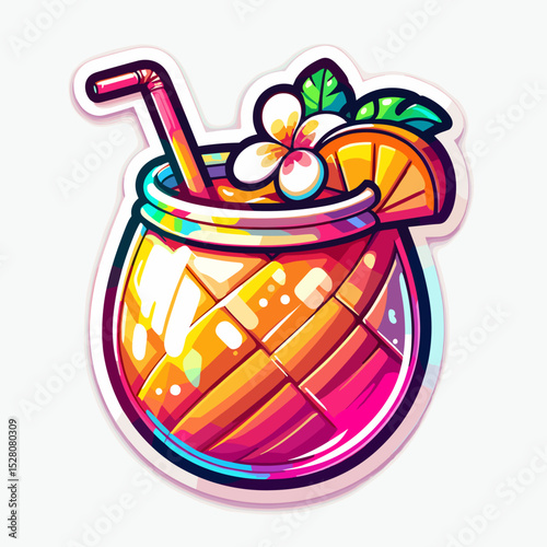 Tropical cocktail with fruit garnish and straw in a colorful glass