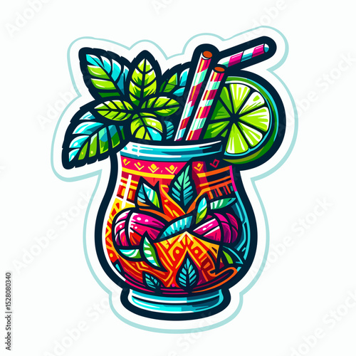 Tropical cocktail with citrus fruits and leaves in colorful glass