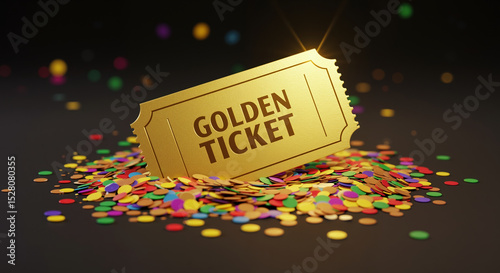 Golden ticket surrounded by colorful confetti on dark background with bokeh lights. Prize winner and lottery concept. Entertainment and gambling services