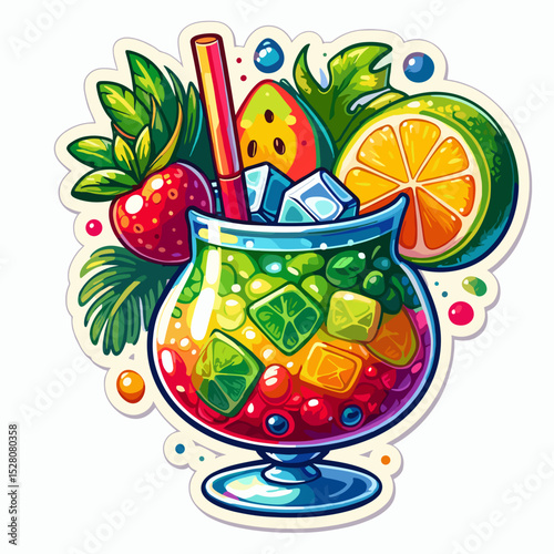Tropical cocktail with citrus fruits and leaves in colorful glass