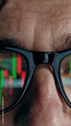 Closeup of focused man with glasses reflecting stock market candlestick chart, analyzing data in dark room – finance, trading, decision making