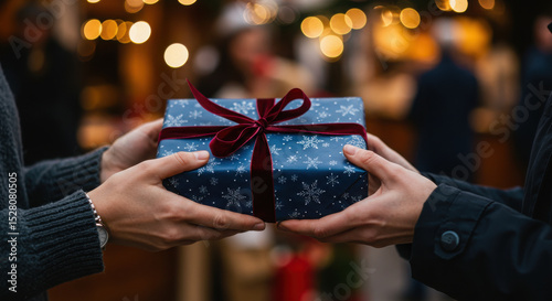 Hands exchanging a blue Christmas gift at a festive holiday market.
