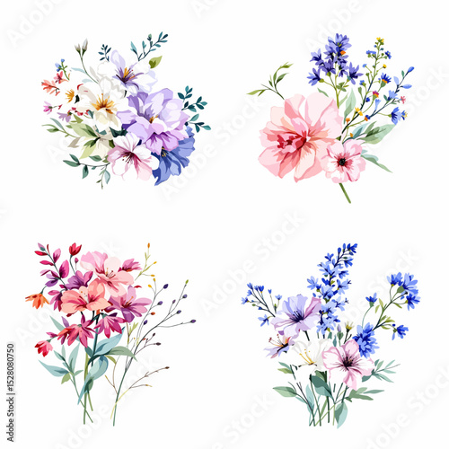 Beautiful floral set with watercolor hand drawn wild field flowers. Stock illustration. Clip art.