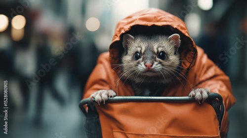 Fototapeta Naklejka Na Ścianę i Meble -  An adorable small animal dressed in an orange raincoat sits in a cart, showcasing a playful and endearing moment amidst a bustling, urban backdrop.