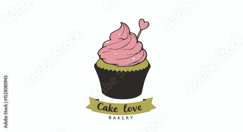 A whimsical logo featuring a pink frosted cupcake with a heart topper and a green ribbon banner.