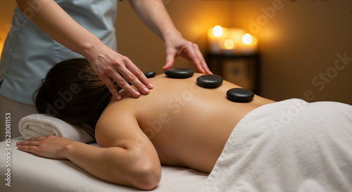 Woman enjoying hot stone massage therapy. Spa treatment for relaxation and wellness. Health and beauty concept for tranquil experience