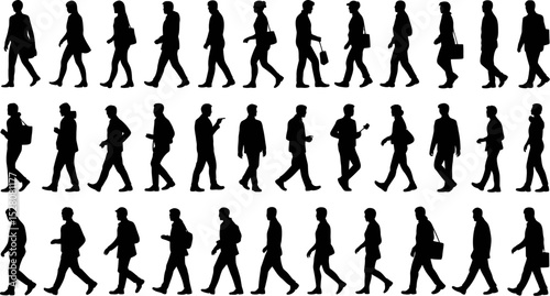 Silhouette illustration showing multiple people walking in different rows
