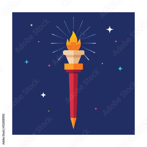 Flat design illustration of a lit torch against a dark blue starry night background