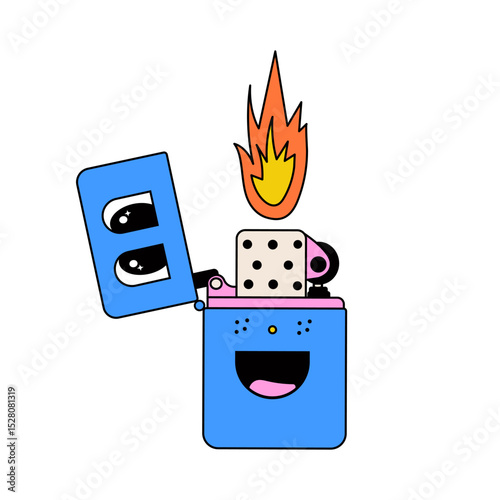Funny groovy firestarter mascot. Retro camping cartoon character
