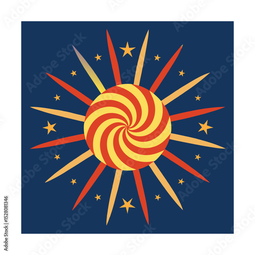 Abstract spiral sunburst design with stars on a deep blue background for festive celebrations