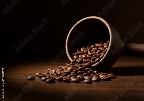 Coffee beans spilling slowly from a ceramic scoop in dim light rustic and inviting.