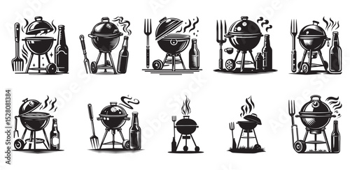 Black and white bbq grill collection with beer bottles and cooking utensils vector illustrations