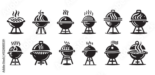 Collection of black and white barbecue grills with different shapes and smoke variations