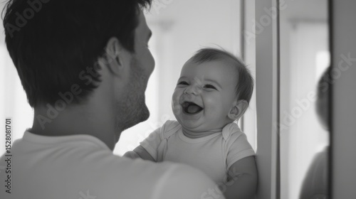 Father holding his baby in front of the mirror, laughing baby, bonding moment, generative ai