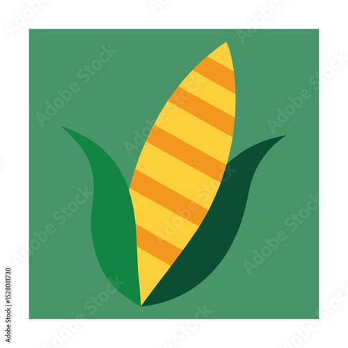 Cartoon illustration of sweet corn with leaves on a green background