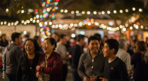 Soft focus of a diverse crowd enjoying a festive holiday night market.