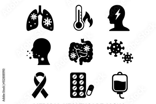 Simple Black Icon Set of Disease and Medical Treatment