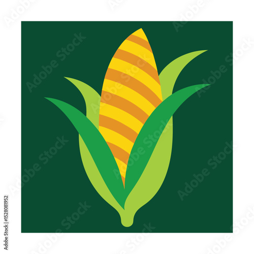 A vibrant illustration of a freshly harvested ear of corn with lush green leaves