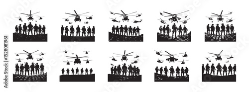 Silhouette imagery of soldiers and helicopters depicting military operations and aerial support