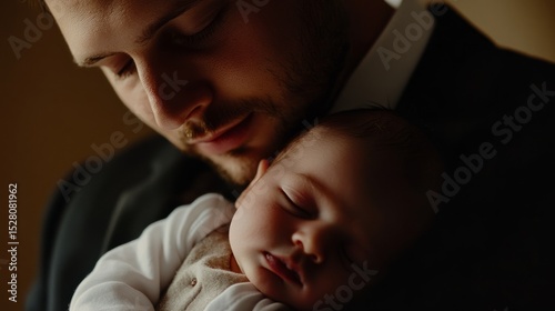 Father holding his newborn on his chest, baby sleeping peacefully, intimate close-up generative ai