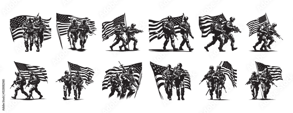 Obraz premium Silhouetted american soldiers carrying flags symbolizing strength and patriotism in battle