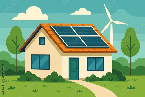 Flat Style Detailed House with Solar Panel and Wind Turbine Illustration