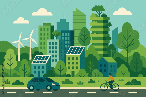 Modern Flat Style Ecological Green City Landscape with Renewable Energy