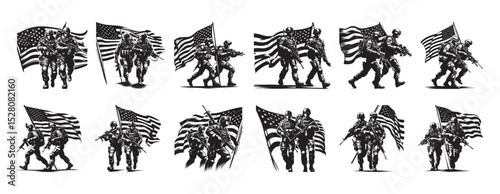 Silhouetted american soldiers carrying flags symbolizing strength and patriotism in battle