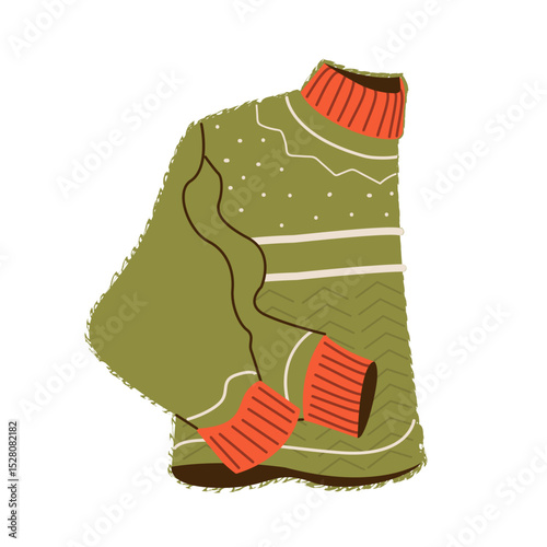Warm knitted sweater vector flat illustration. Creative seasonal fall clothes decorated by geometric patterns isolated on white. Concept for seasonal poster,card,invitation, sticker.