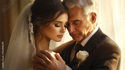 Father holding the arm of a beautiful bride, wedding day concept, memory, unique moment generative ai