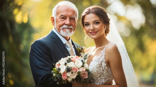 Father holding the arm of a beautiful bride, wedding day concept, memory, unique moment generative ai