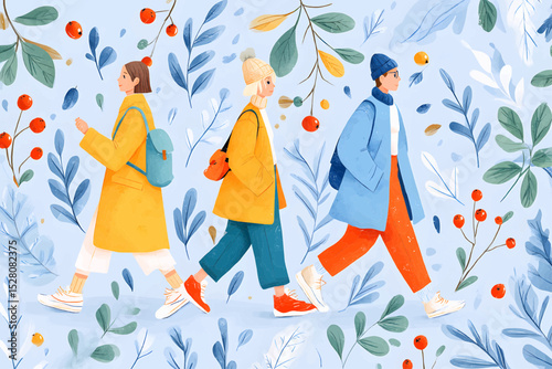 Vector illustration of three diverse people in winter coats walking among stylized foliage and berries, symbolizing exploration, seasonal fashion, and connection with nature.