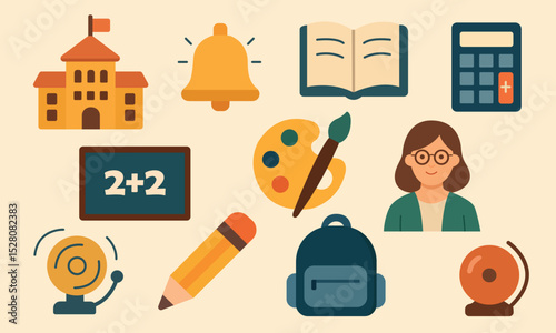 Colorful flat icon set representing school elements such as a school building, bell, chalkboard, teacher, backpack, calculator, pencil, art palette, and textbook. 