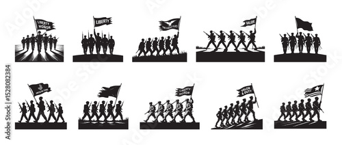 Silhouetted soldiers marching with flags representing valor liberty duty and honor in combat
