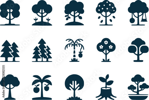 Nature Tree Icons Set  Black Silhouette of Trees Flowers  Leaves