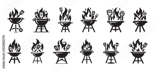 Vector illustration collection of grill icons representing outdoor cooking barbecue preparation