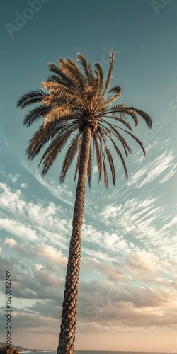 Majestic Tall Palm Tree with Richly Textured Fronds Reaching Toward a Clear Sky