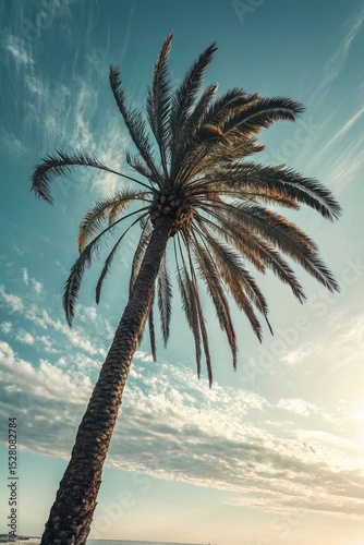 Majestic Tall Palm Tree with Richly Textured Fronds Reaching Toward a Clear Sky