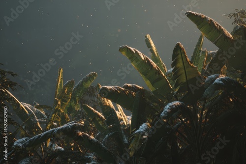 Hour of snow flurries dusts banana tree fronds and jungle foliage in the misty air during a weather anomaly
