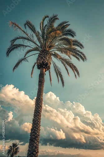 Majestic Tall Palm Tree with Richly Textured Fronds Reaching Toward a Clear Sky