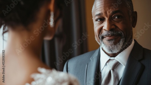 Father looking at bride with pride as she gets ready, natural lighting, wedding day story generative ai